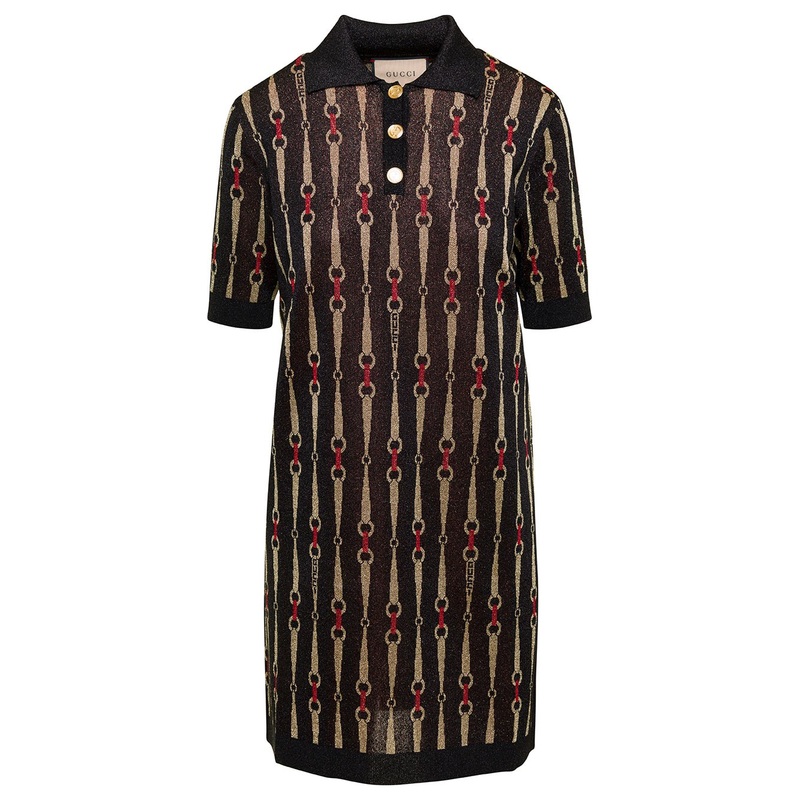 Mini Black Dress with Short Sleeves and All-Over Horsebit Print in Lurex Woman