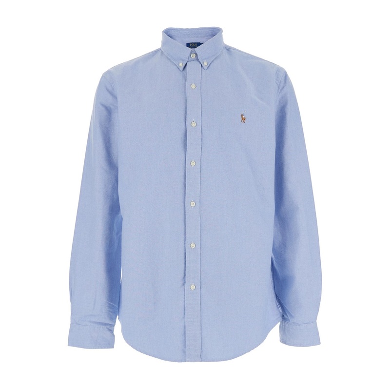 ‘Slim Fit Oxford’ Light Blue Shirt with Button-Down Collar and Front Embroidery in Cotton Man