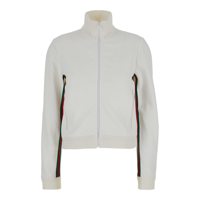 White Crop Sweatshirt with Web Detail in Polyamide Woman