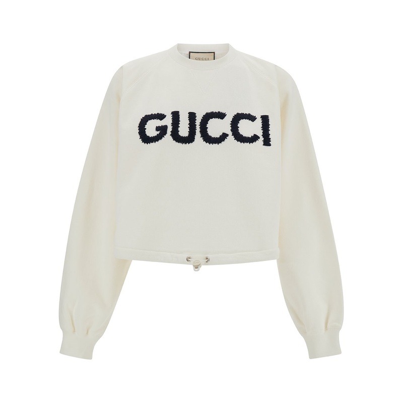 White Cropped Crewneck Sweatshirt with Logo Print in Cotton Woman