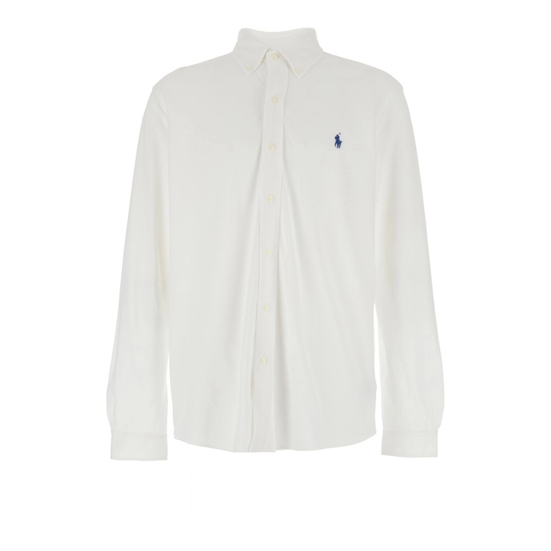 White Ultra-lightweight Shirt with Button-Down Collar and Pony Embroidery on the Front in Cotton Piquet Man