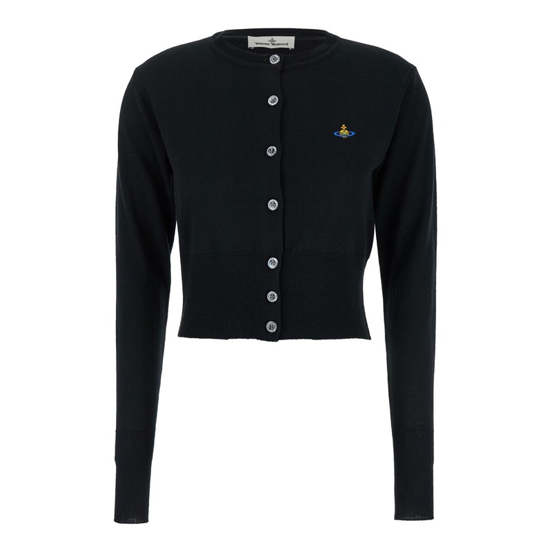 ‘Bea’ Black Cropped Cardigan with Orb Embroidery in Wool Woman