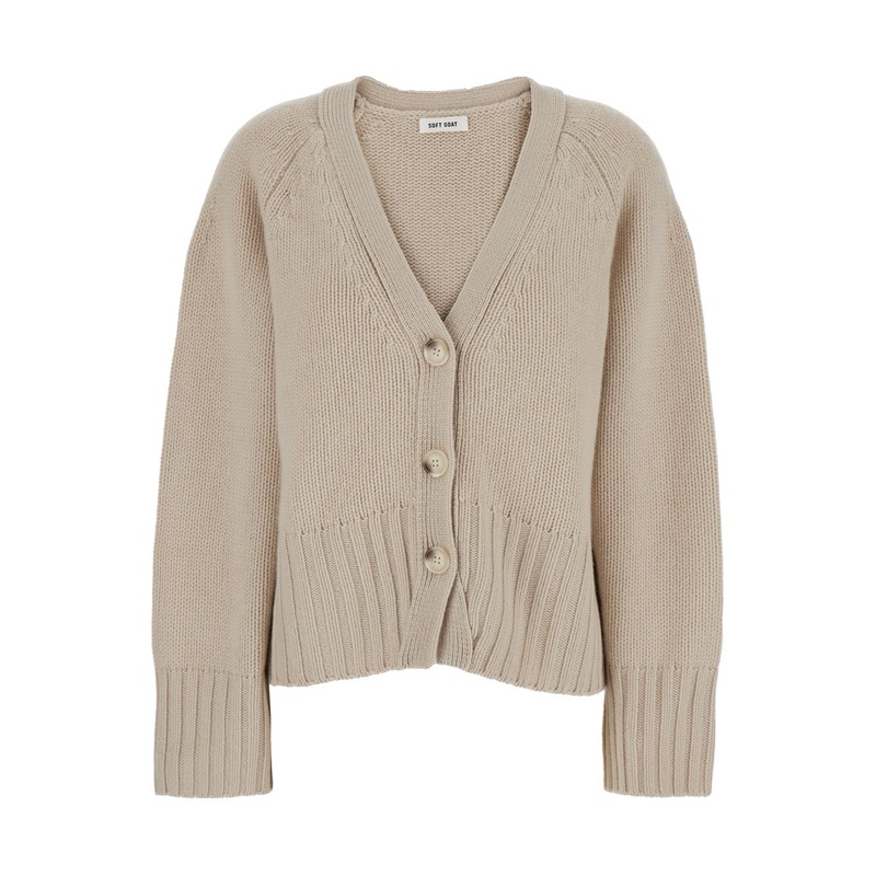 Beige Cardigan with V Neck and Ribbed Trims in Cashmere Woman