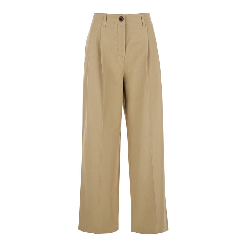 Beige Chino Pants with Cannon Pleats and Wide Leg in Cotton Woman