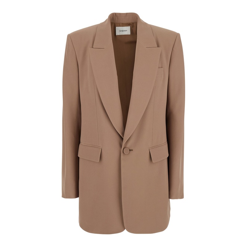 Beige Single-Breasted Jacket with Peak Lapels in Wool Woman