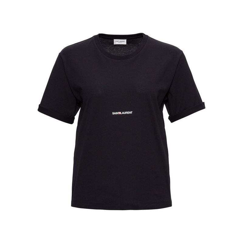 Black Crewneck T-Shirt with Logo Lettering Print in Cotton Woman