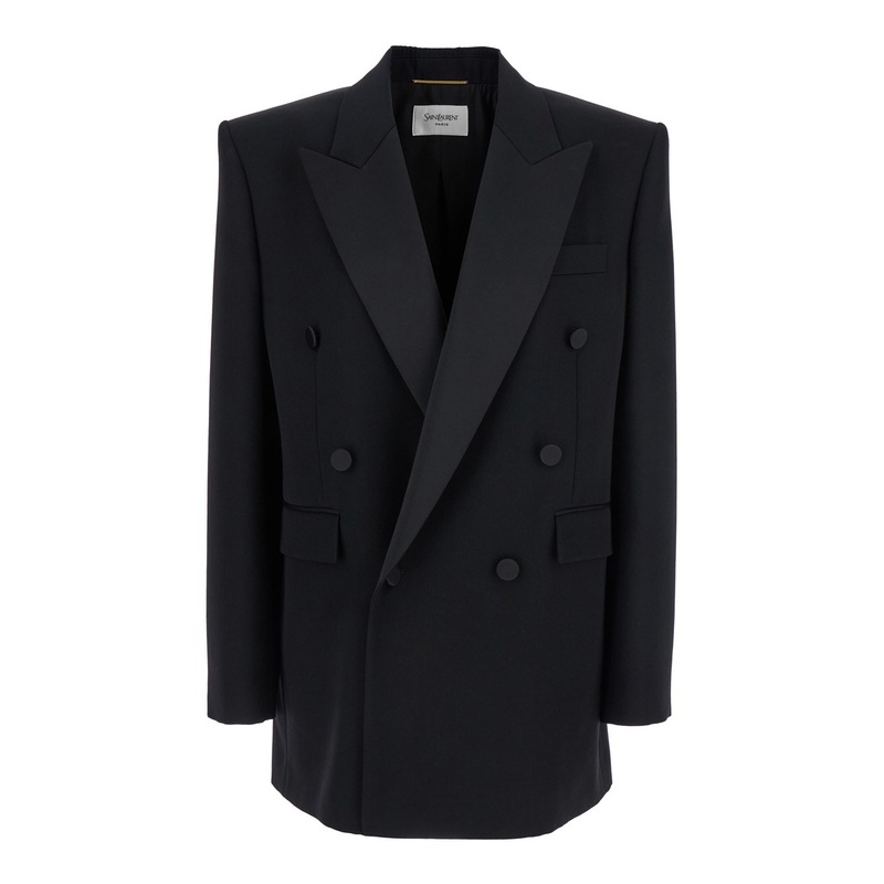 Black Double-Breasted Jacket with Peak Revers and Double Vent on the Rear in Wool Woman
