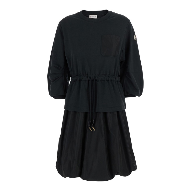 Black Dress with Elastic Waist and Logo Patch on the Sleeve in Tech Fabric Woman