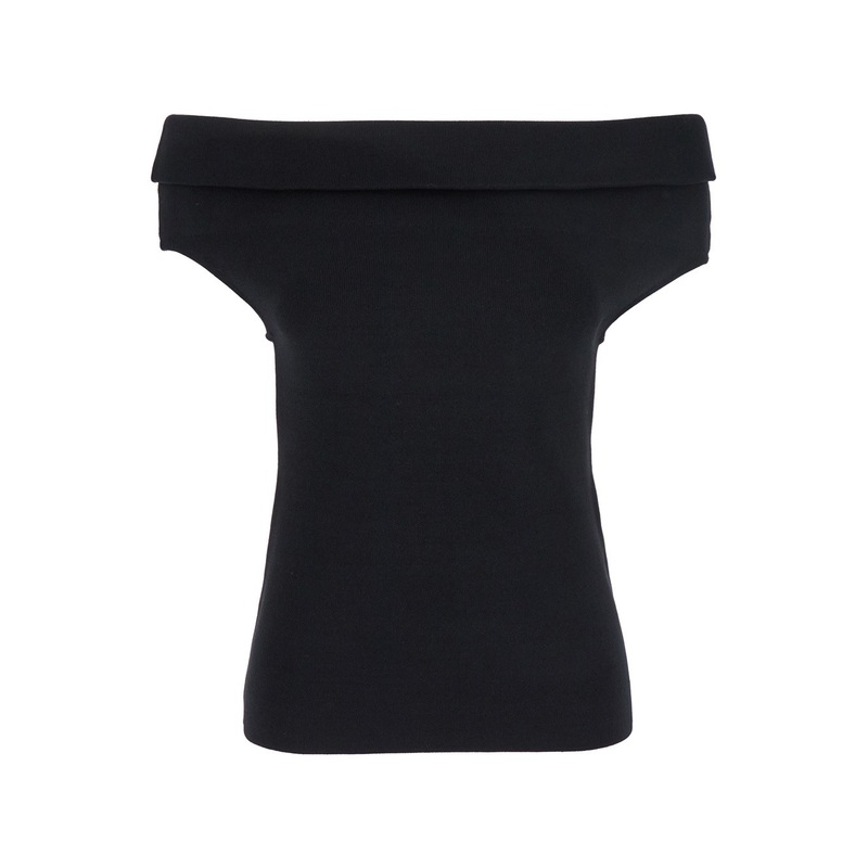 Black Off-Shoulder Double-Knit Top in Tech Fabric Woman