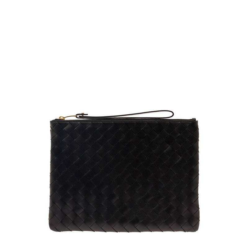Black Pouch with Braided Motif in Nappa Leather with Zip Woman
