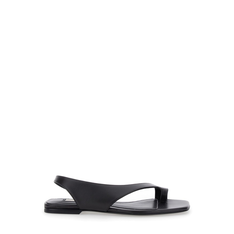 Black Sandals with Thong Design and Elastic Strap in Leather Woman