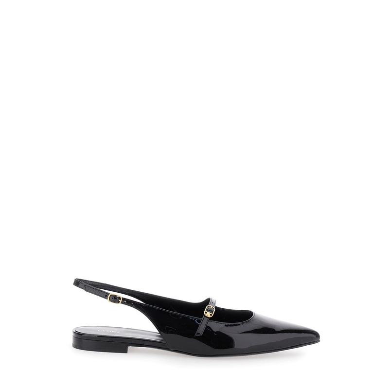 Black Slingback Ballet Shoes with Adjustable Buckle Closure in Leather Woman