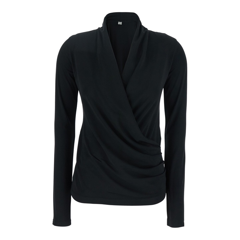 Black Top with V Neck and Draped Detail on the Front in Viscose Stretch Woman