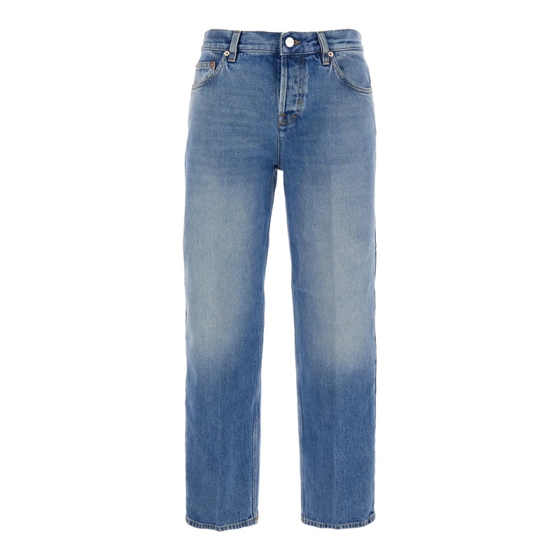 Blue Jeans with Logo Patch on the Rear and Faded Effect in Denim Woman