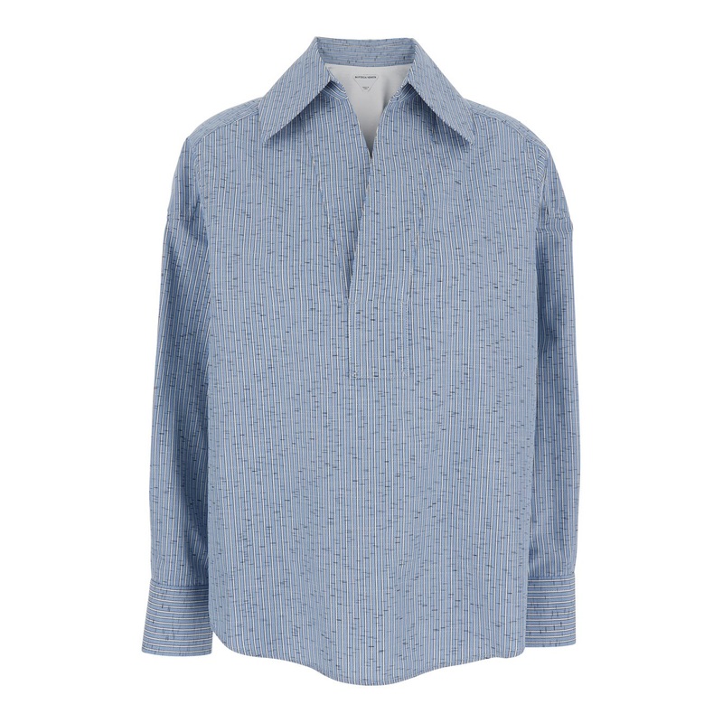 Blue Shirt with Deep Neckline on the Front and Long Sleeves in Cotton Poplin Woman