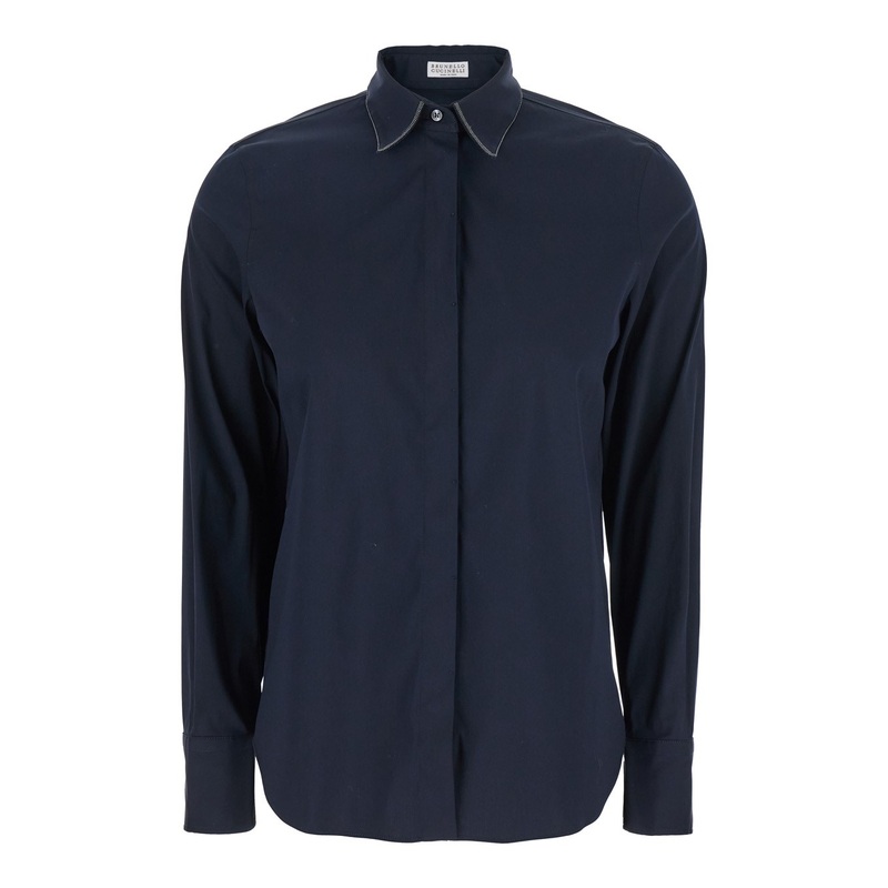 Blue Shirt with Pointed Collar and Monil Detail on the Collar in Cotton Blend Woman