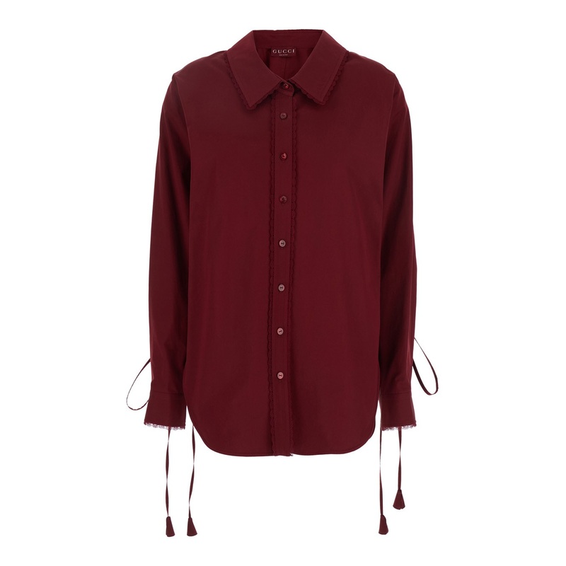 Bordeaux Shirt with Detachable Laces at the Wrists and Pointed Collar in Cotton Woman