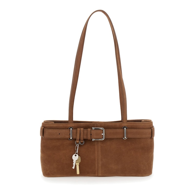 ‘Brocle’ Brown Shoulder Bag with Belt and Pendant Key Details in Hammered Leather Woman