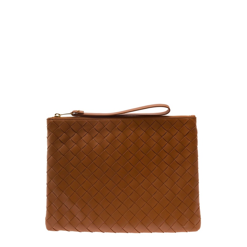 Brown Pouch with Wrist Strap in Intreccio Leather Woman
