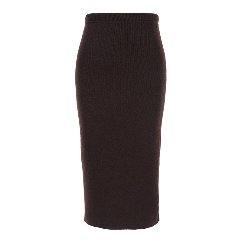 Brown Ribbed Knit Skirt with High Waist and Pencil Silhouette in Cashmere and Cotton Blend Woman