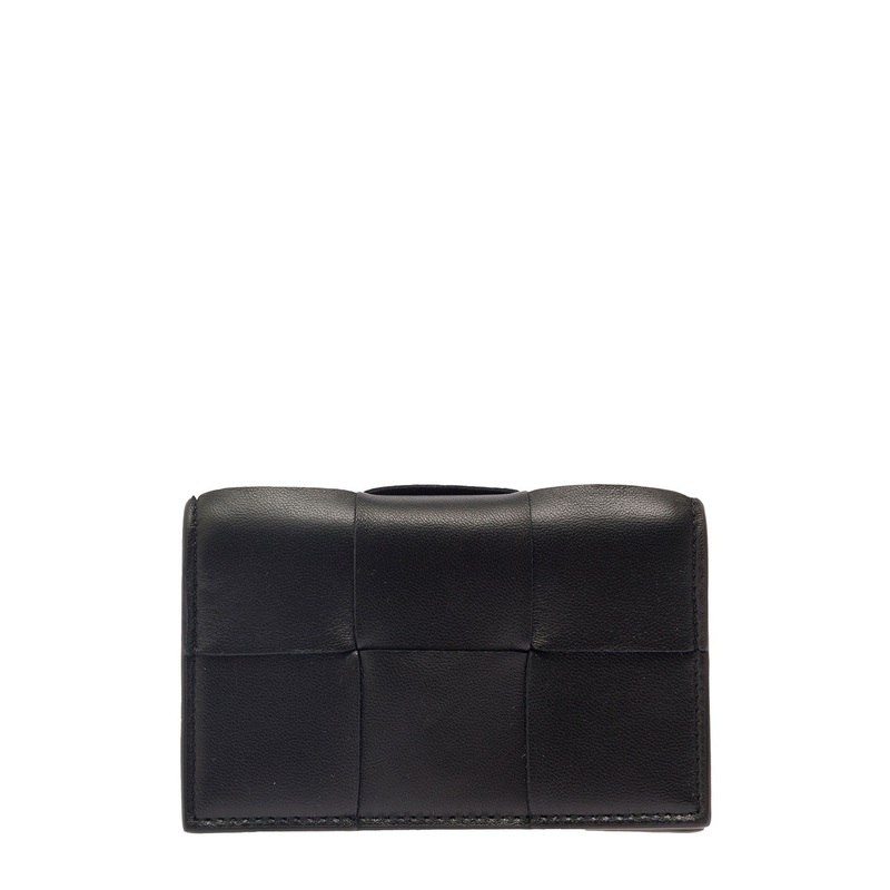 ‘Cassette’ Black Business Card Case in Intreccio Leather Woman