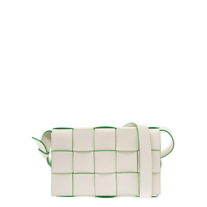 ‘Cassette Fun L’ White and Green Crossbody Bag in Intreccio Nappa Leather Woman