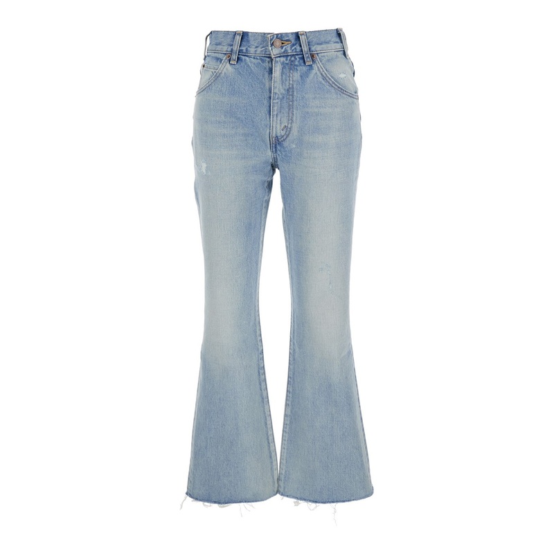 ‘Dylan’ Blue Flared Jeans with Ripped Hem and Logo Patch on the Rear in Denim Woman