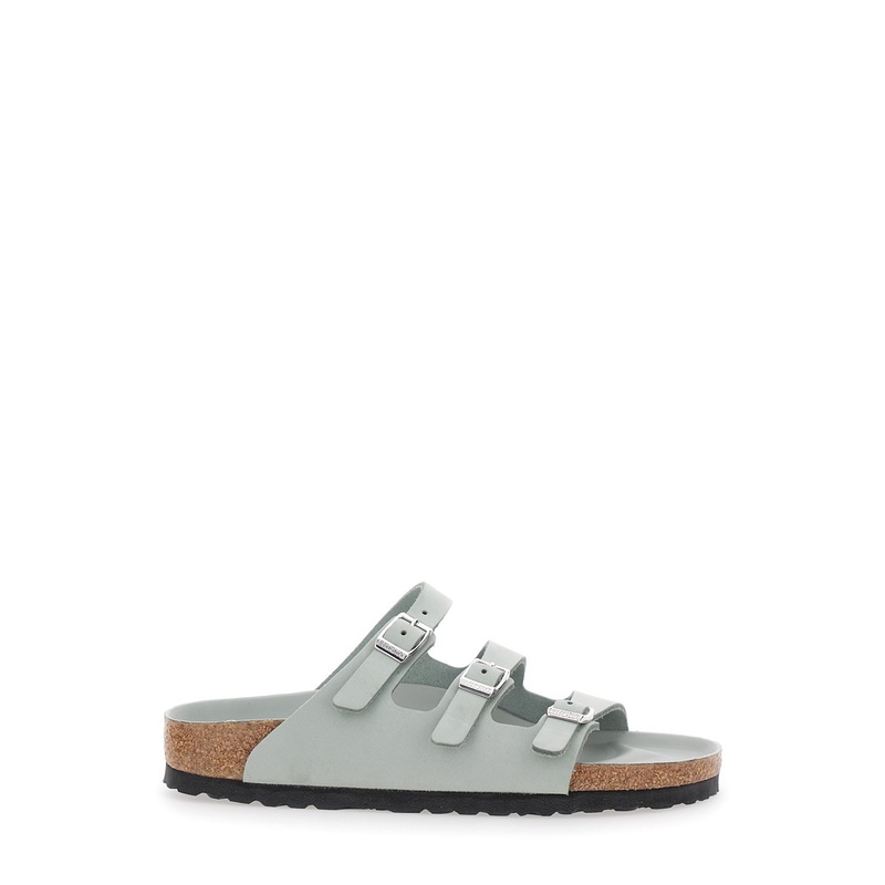 ‘Florida’ Green Sandals with Buckle with Logo in Leather Woman