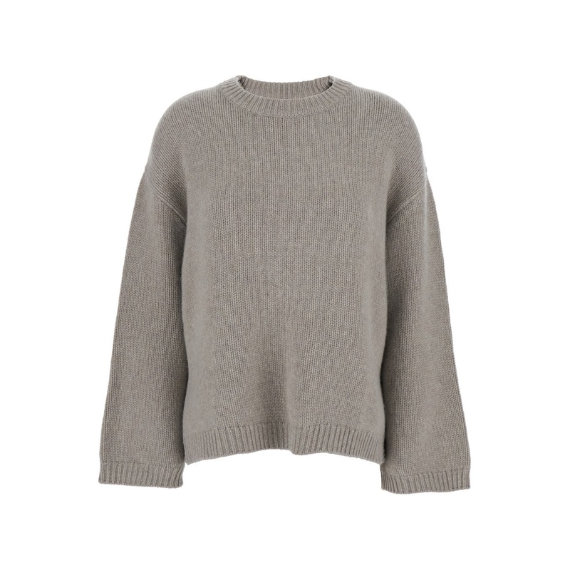 Grey Crewneck Knit Sweater with Dropped Shoulders in Cashmere Woman
