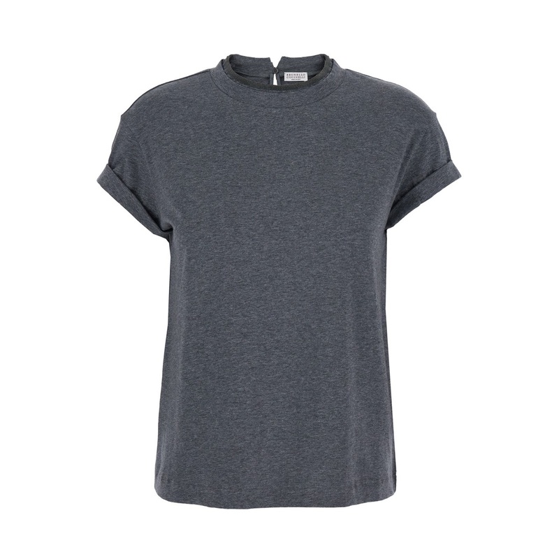 Grey Crewneck T-Shirt with Monil Detail on the Collar and Rear Cut-Out in Cotton Stretch Woman