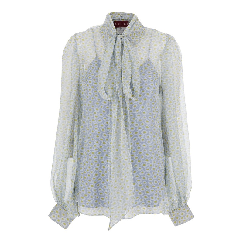 Grey Shirt with All-Over Floral Print in Silk Chiffon Woman