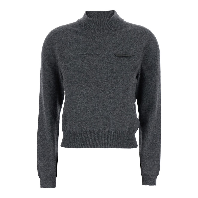 Grey Sweater with Mock Neck and Monil Detail on the Front in Cashmere Woman