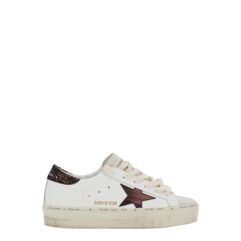 ‘Hi Star’ White Low Top Sneakers with Glitter Star Patch and Platform in Leather Woman