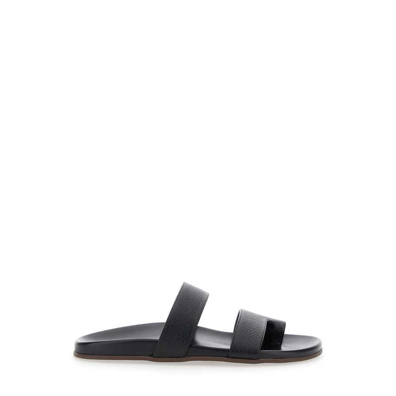 ‘High’ Black Thong Sandals with Two Bands in Leather Woman
