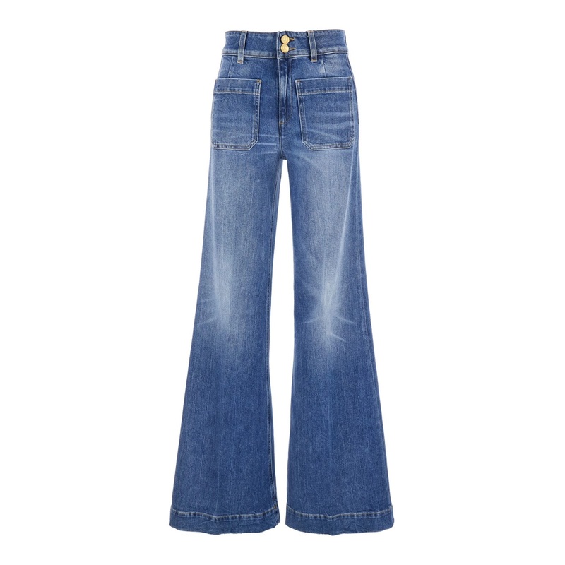‘Jane’ Blue Trousers with Front Pockets and Washed Effect in Cotton Woman