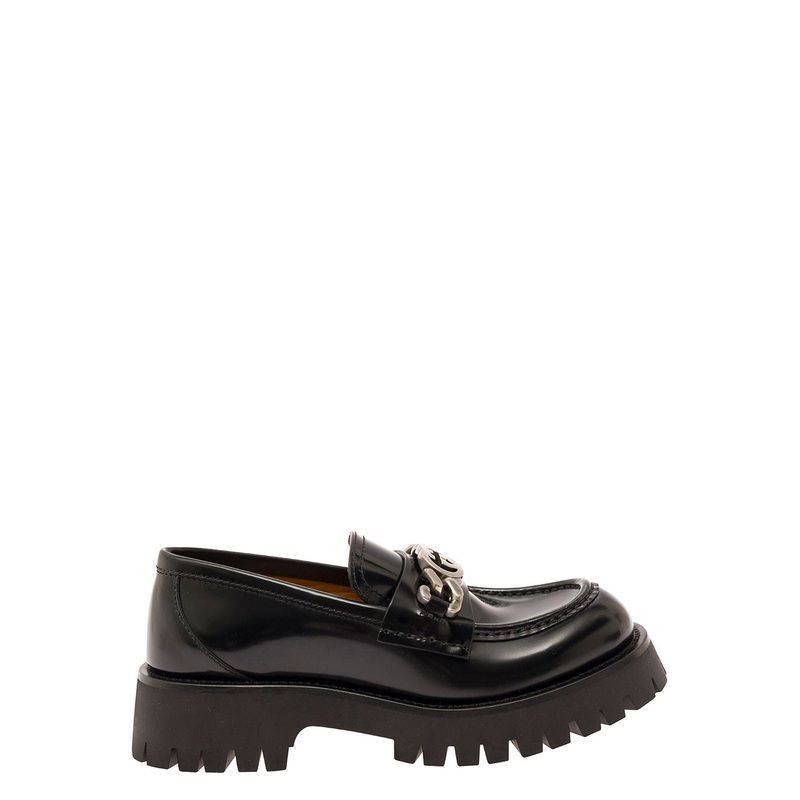 ‘Jeanne’ Black Loafers with Interlocking G Detail and Lug Sole in Leather Woman
