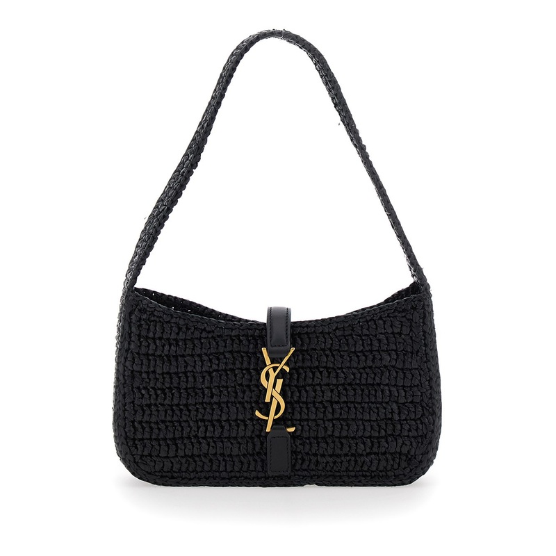 ‘Le 5 a 7’ Black Mini Shoulder Bag with Single Shoulder Strap and Cassandre Plaque on the Front in Rafia Woman