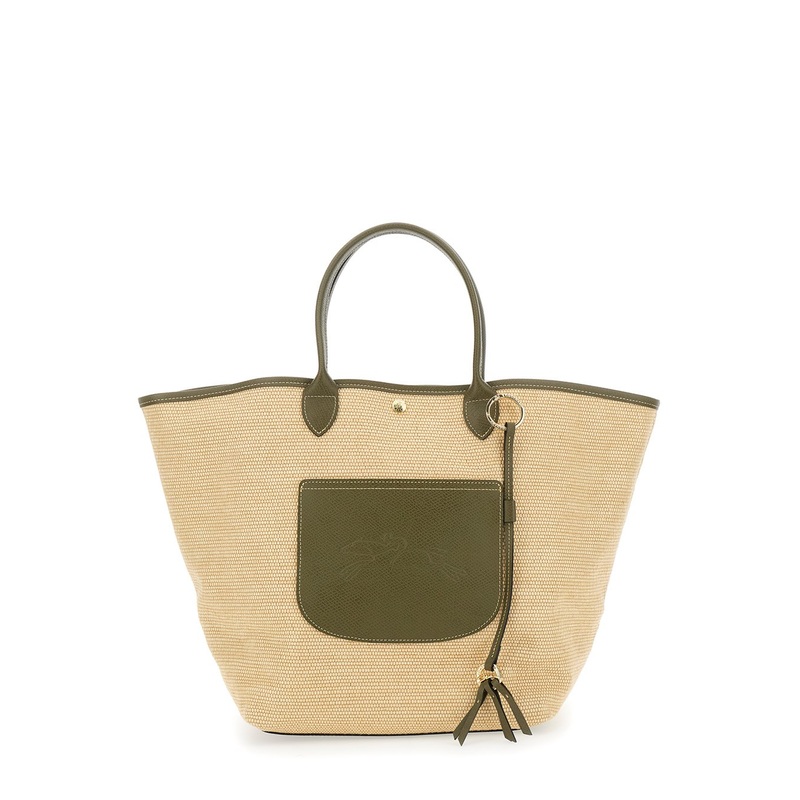 ‘Le Panier Pliage L’ Green Handbag with Logo Embossed on the Front in Mixed Fabric and Leather Woman