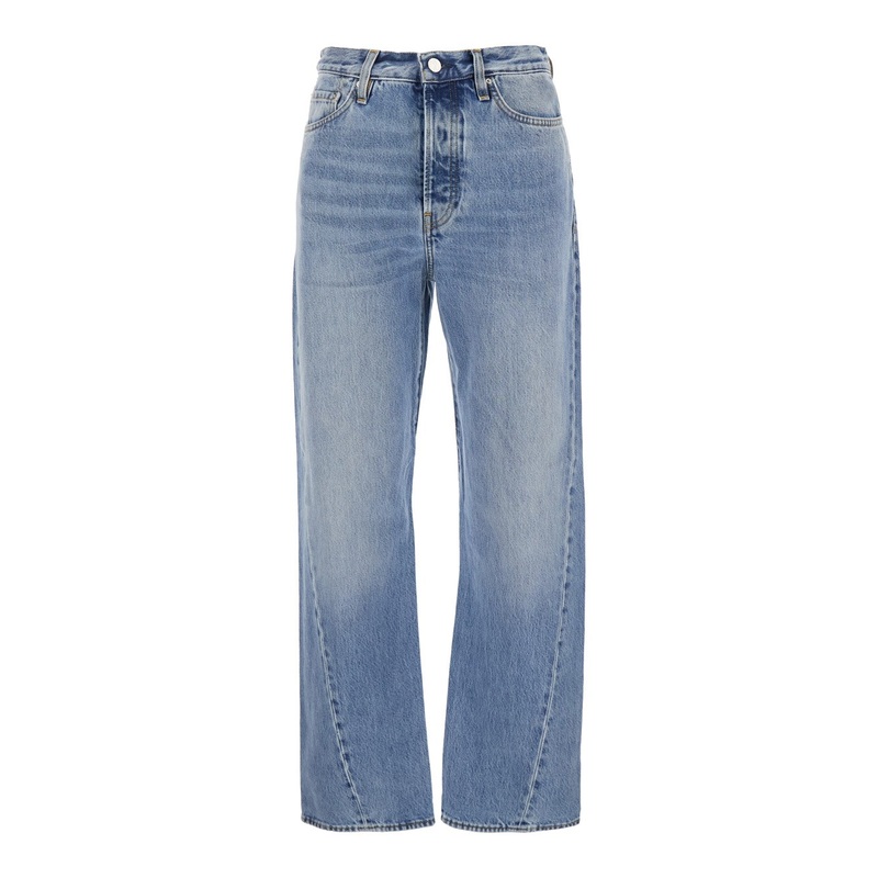 Light Blue High Waisted Jeans with Twisted Seam and Logo Patch on the Rear in Denim Woman