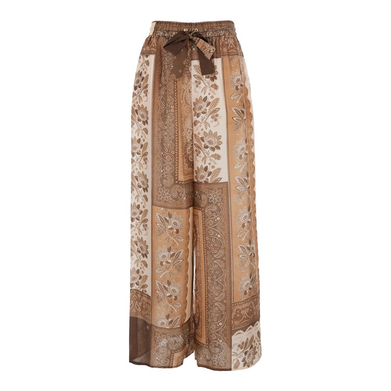 ‘Lucky’ Brown Pants with Elastic Drawstring Waist and All-Over Floral Print in Silk Woman