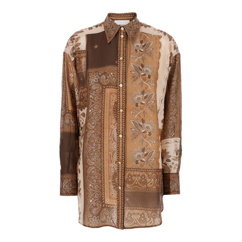 ‘Lucky’ Brown Shirt with Classic Collar and All-Over Floral Print in Silk Woman