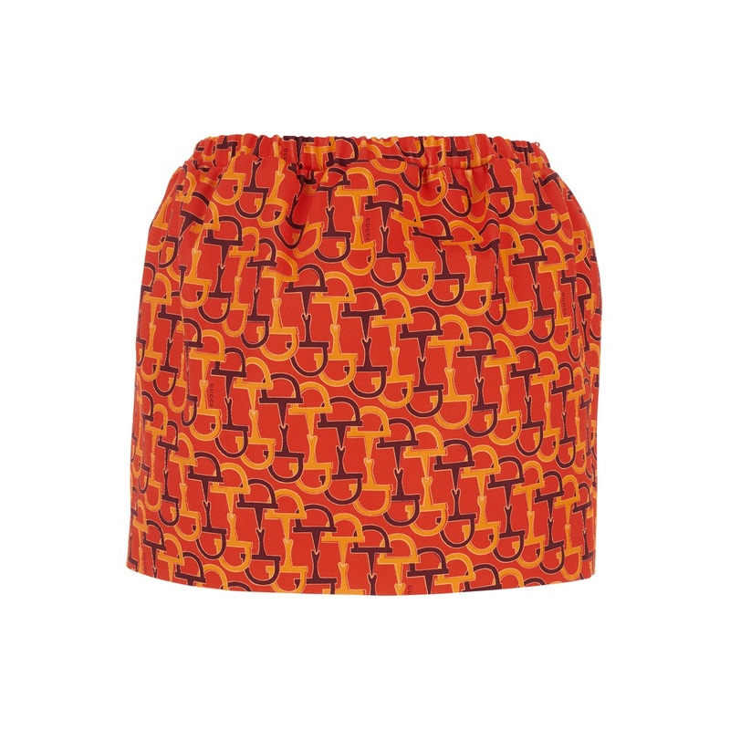 Orange Skirt with Elastic Waist and All-Over Horsebit Print in Cotton Woman