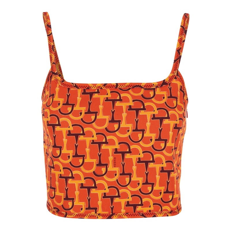 Orange Top with Spaghetti Straps and All-Over Horsebit Print in Cotton Woman