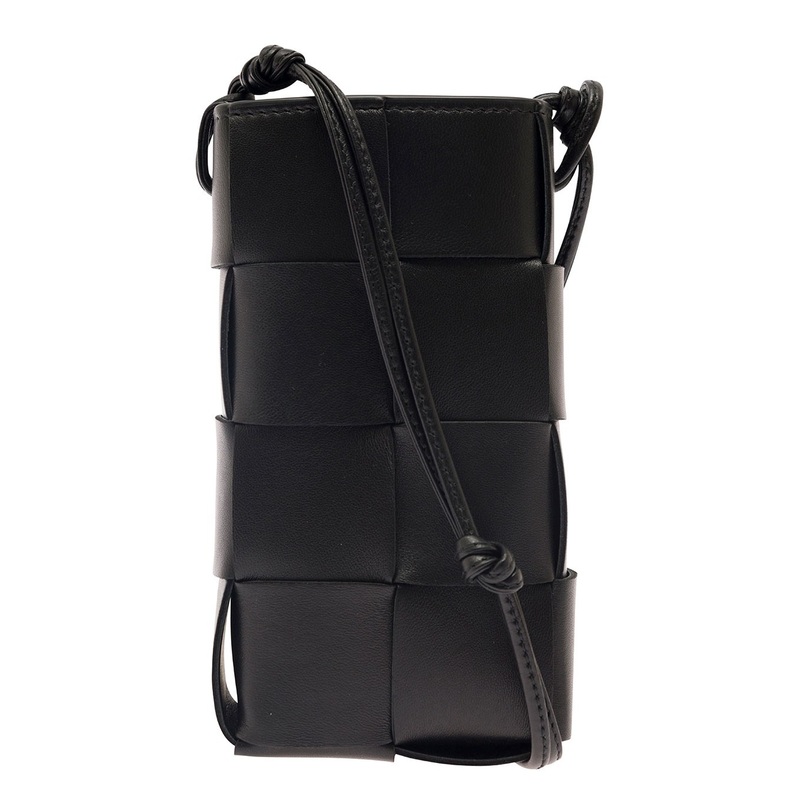 ‘Phone Pouch’ Black Shoulder Bag with Knot Details in Intreccio Nappa Leather Woman
