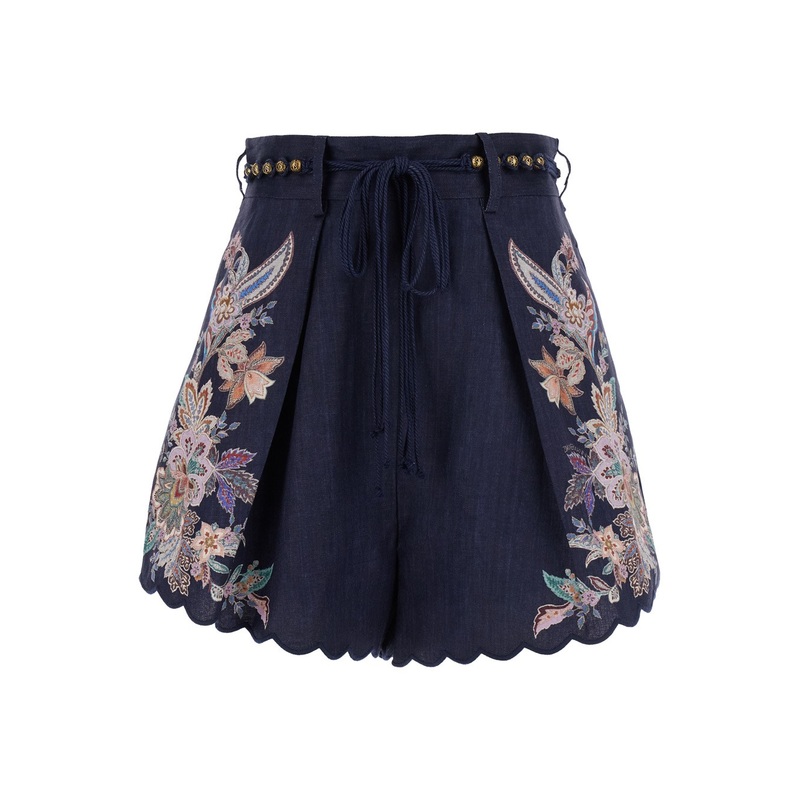 ‘Rhiannon’ Blue Shorts with Removable Belt and Floral Embroidery on the Side in Linen Woman