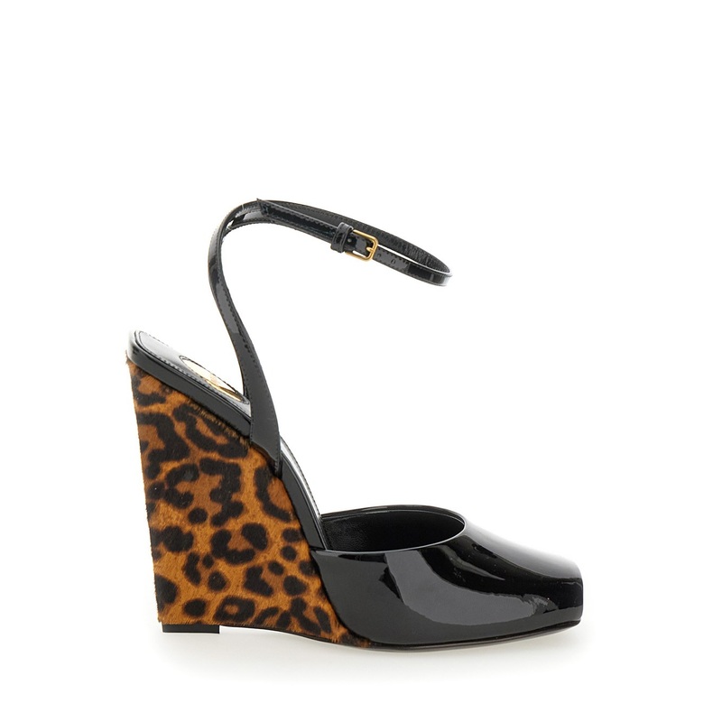 ‘Scandale’ Black Wedges with Animalier Print in Patent Leather Woman