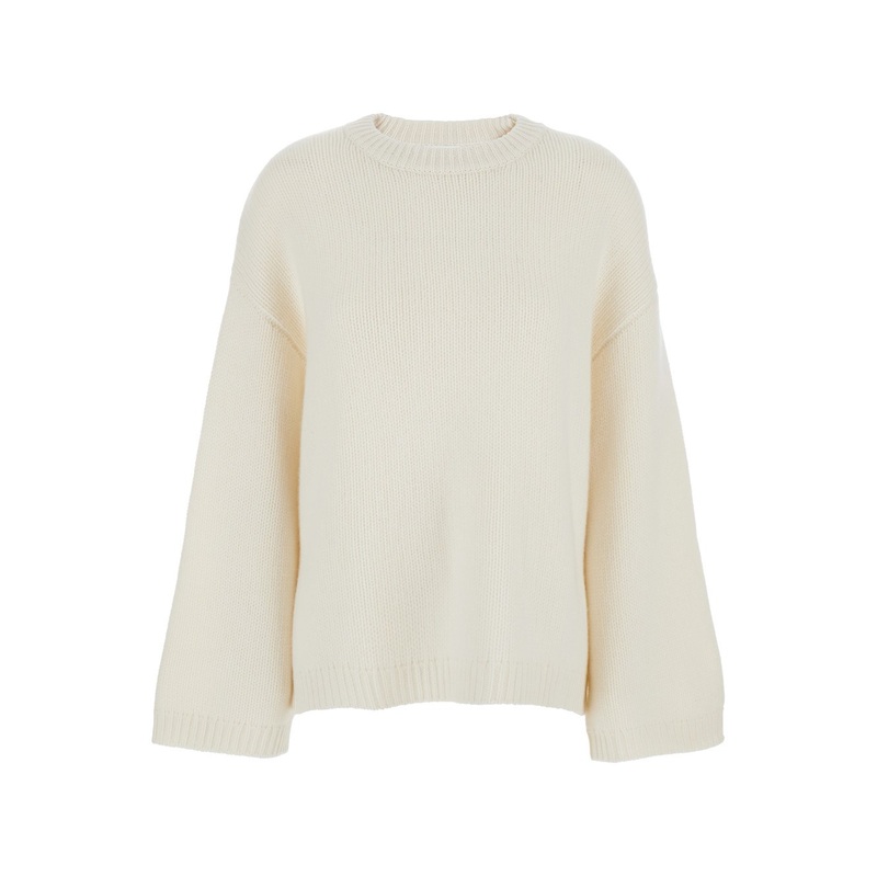 White Crewneck Knit Sweater with Dropped Shoulders in Cashmere Woman