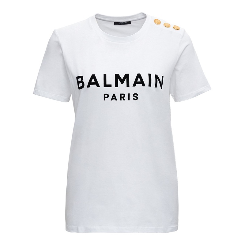 White Crewneck T-Shirt with Logo Print and Golden Buttons in Jersey Woman