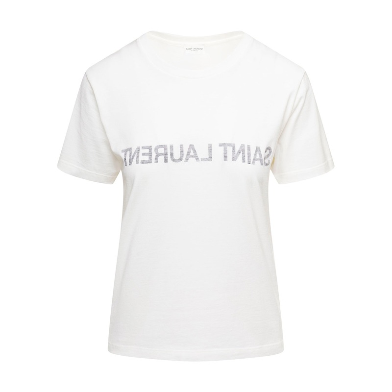White Crewneck T-Shirt with Reverse Logo in Cotton Woman