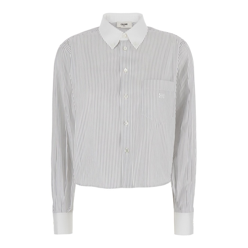 White Cropped Shirt with Triomphe Embroidery on the Front and All-Over Striped Motif in Cotton woman
